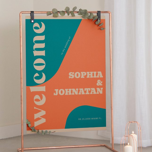Retro groovy teal beige typography welcome wedding poster (Skapare uppladdad)