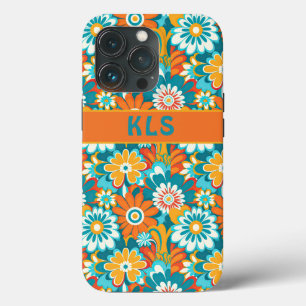 Retro Groovy Teal Orange & Gult Blommigt Monogram