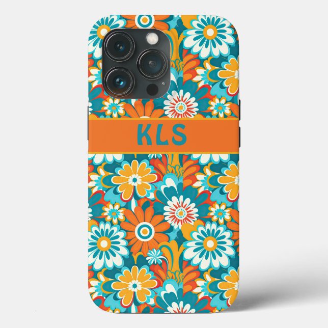 Retro Groovy Teal Orange & Gult Blommigt Monogram (Baksida )
