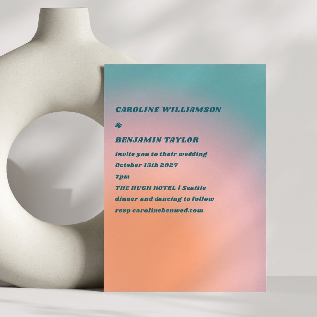 Retro Groovy Teal Rosa Orange Gradient Bröllop Inbjudningar (Skapare uppladdad)