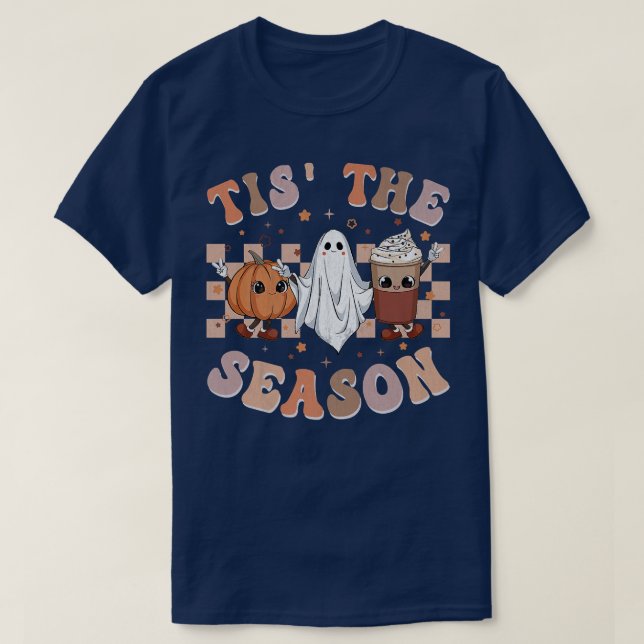 Retro Groovy Tis Season Pumpkin Ghost Hippie H T Shirt (Design framsida)