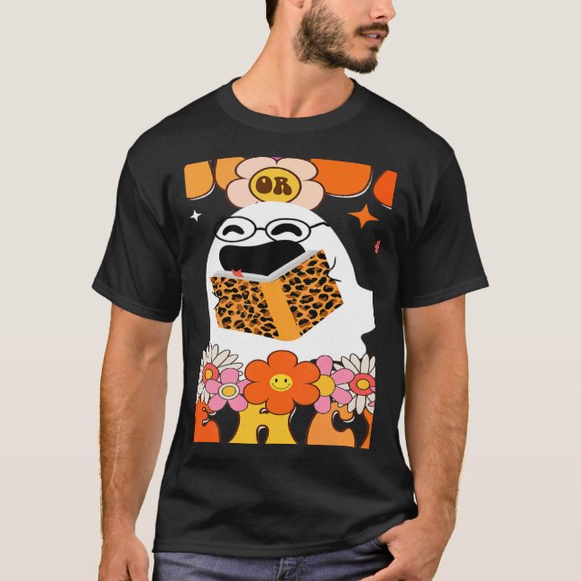 Retro Groovy Trick eller Teach Cute Ghost Teacher  T Shirt (Framsida)
