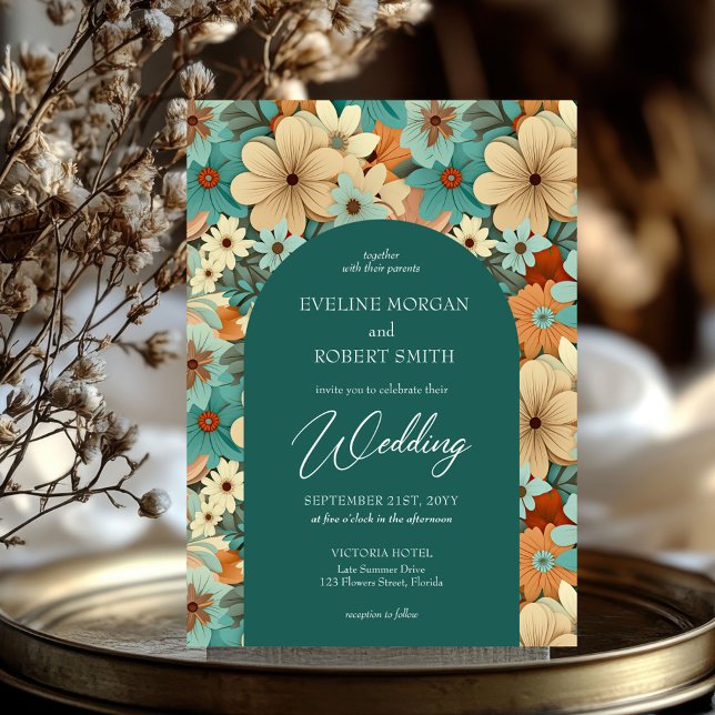 Retro groovy turquise kräm orange blek blommor inbjudningar (turquoise cream pale orange retro groovy flowers wedding invitation)
