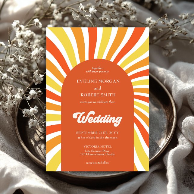 Retro groovy vågar orange gult sol bröllop inbjudningar (Retro groovy waves orange yellow sun wedding invitation)