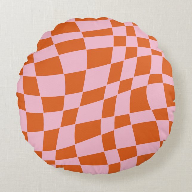 Retro Groovy Vågigt Psychedelic Checkerboard Check Rund Kudde (Framsidan)