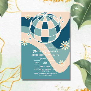 Retro Groovy Wave Disco Boll Daisy Grönt Birthday Inbjudningar