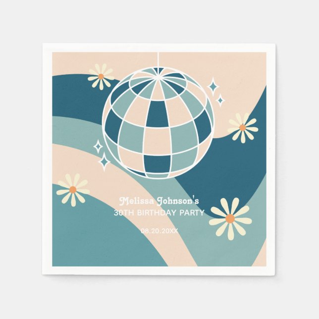 Retro Groovy Wave Disco Boll Daisy Grönt Birthday Pappersservett (Framsidan)