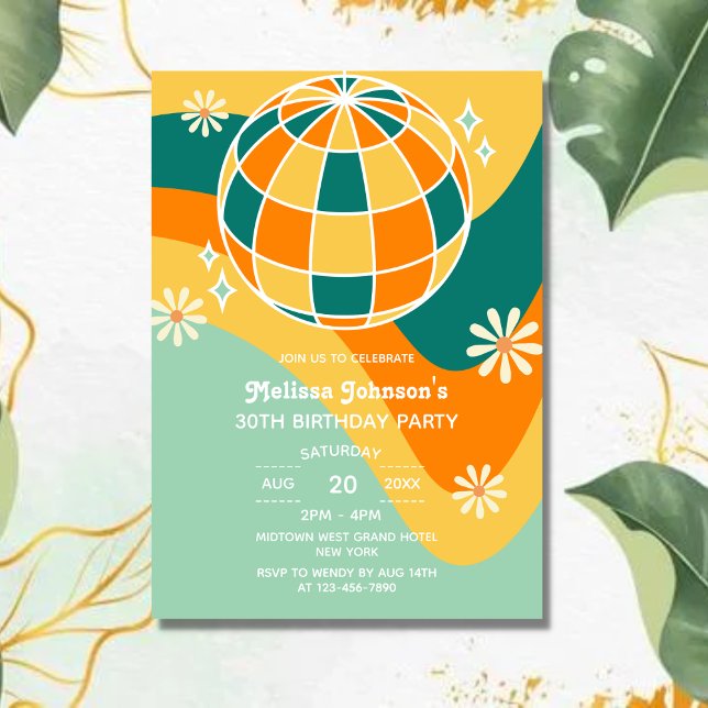 Retro Groovy Wave Disco Boll Daisy Orange Birthday Inbjudningar (Skapare uppladdad)