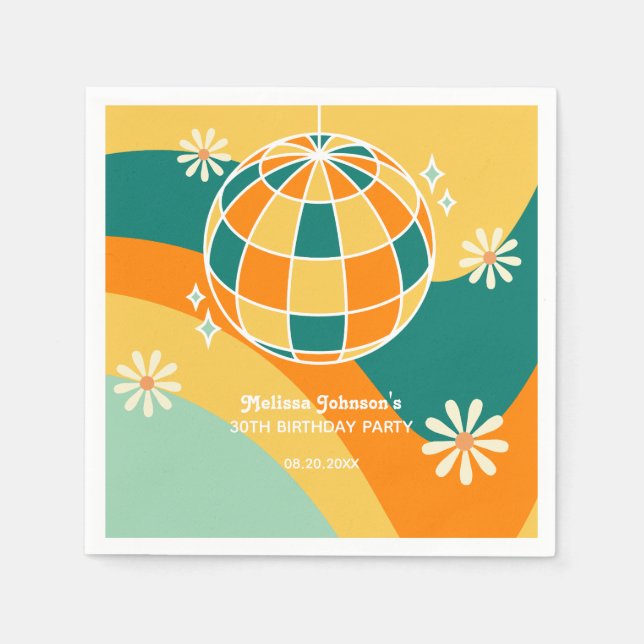 Retro Groovy Wave Disco Boll Daisy Orange Birthday Pappersservett (Framsidan)
