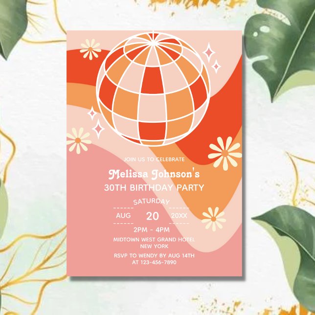 Retro Groovy Wave Disco Boll Daisy Rosa Birthday Inbjudningar (Skapare uppladdad)