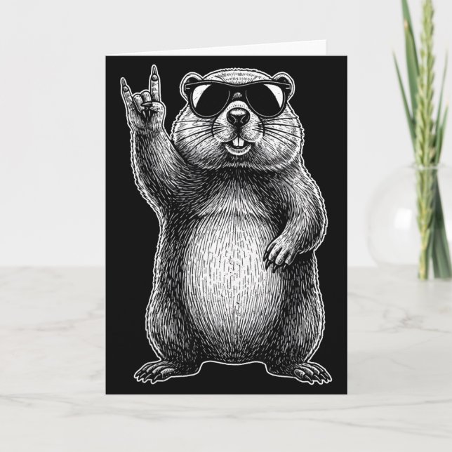 Retro Groundhog Rockmusik Woodchuck Ground Hog Me Kort (Framsida)