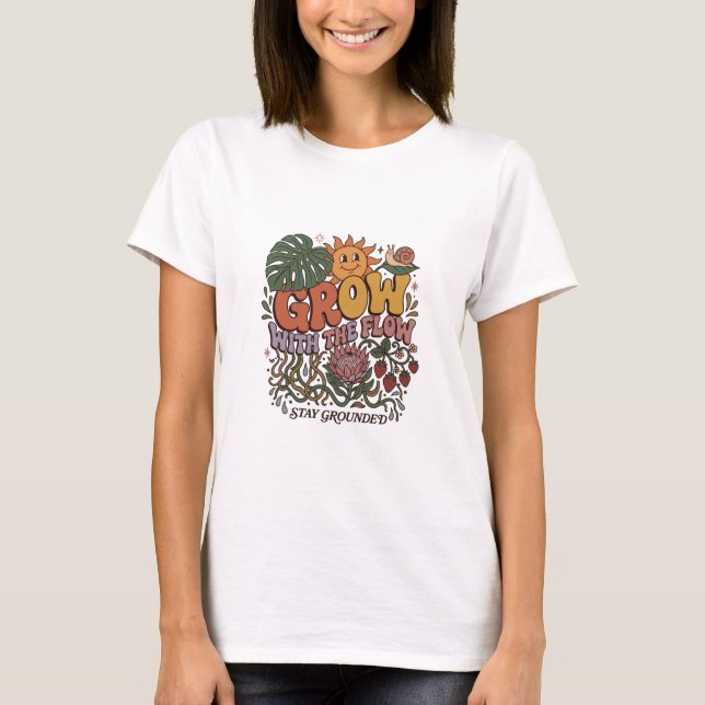 Retro Grow With The Flow T-Shirt | Boho Botanical  (Framsida)