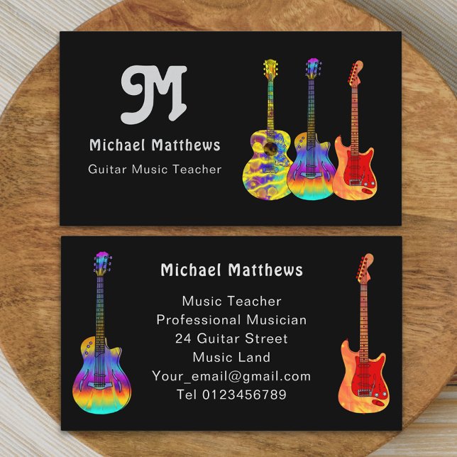 Retro Guitar Music Teacher Anpassningsbar Visitkort (Modern retro guitar music teacher professional musician Business card funky art guitars groovy text)