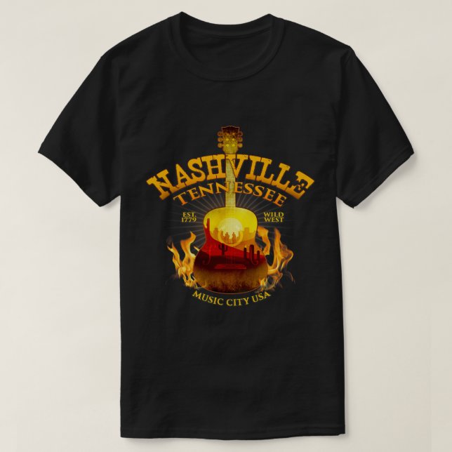 Retro Guitar Nashville Sunset Western T Shirt (Design framsida)
