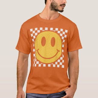 Retro Gul Glad Ansikte Rutigt Mönster Leende Fa T Shirt