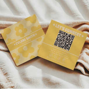 Retro Gul Kräm QR-kod Groovy Blommig Trendig Fyrkantigt Visitkort
