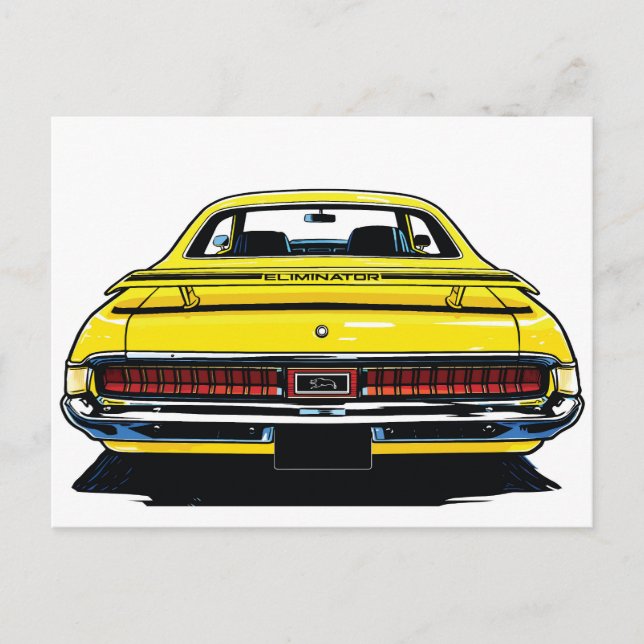 Retro gul muskelbil bakre Pop Art-illustration Vykort (Framsida)