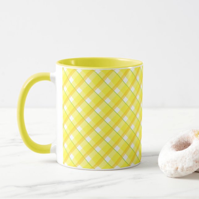 Retro gul på vit rutig randig kaffemugg (Med munk)