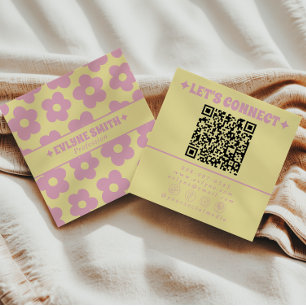 Retro Gul Rosa QR-kod Groovy Blommig Feminint Boho Fyrkantigt Visitkort