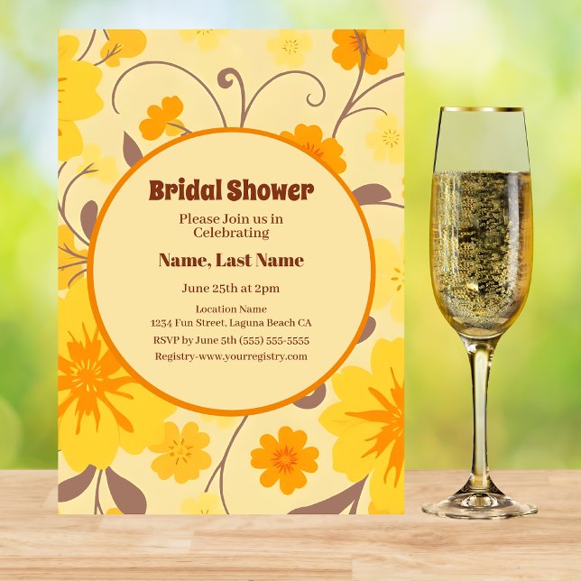 Retro Gula blommor-Möhippa Inbjudningar (Retro Flowers-Yellow, Orange, Mocha Mousse Bridal Shower Invitation)