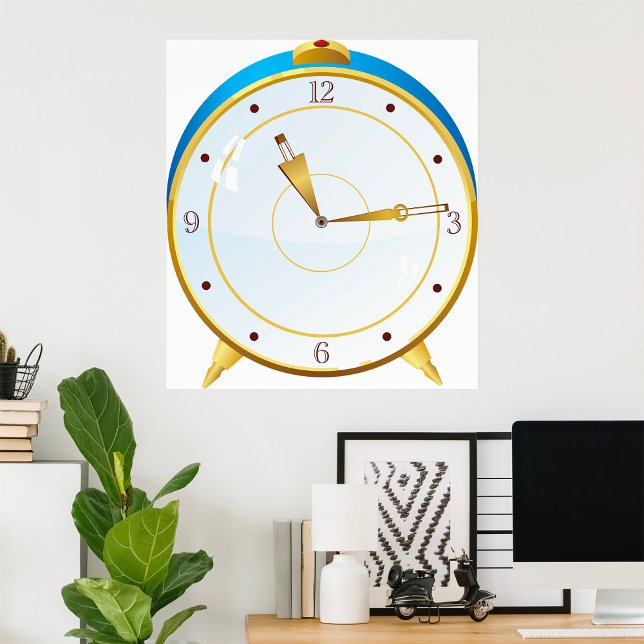 Retro Guld Alarm Clock med blå trim-tidstycke Poster (Skapare uppladdad)