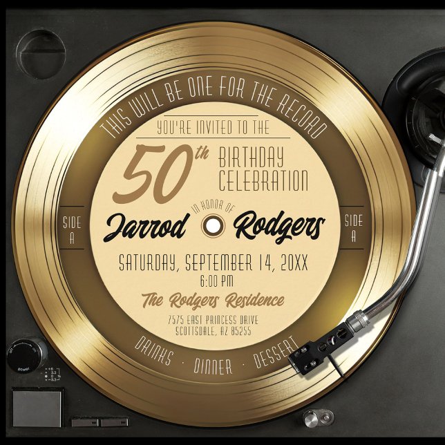 Retro Guld Black Vinyl Record 50:e Födelsedagsfest Inbjudningar (round circle shape retro solid gold vinyl record 50th birthday party invitation gold and black theme)