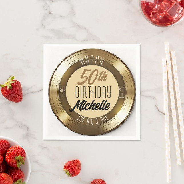 Retro Guld Black Vinyl Record 50:e Födelsedagsfest Pappersservett (Insitu)