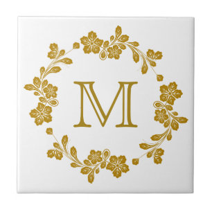 Retro Guld Blommigt Gräns Monogram Kakelplatta