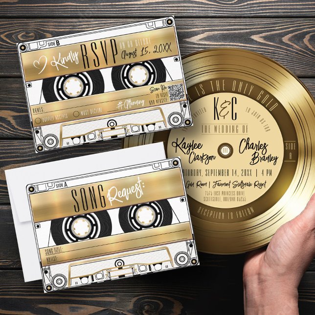 Retro Guld Cassette Tape Wedding OSA Kort (Solid Gold vintage retro gold plaque cassette tape wedding invitation rsvp song card, vinyl record)