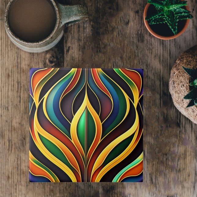 Retro Guld Colorful Art Deco Illustration Kakelplatta (Skapare uppladdad)