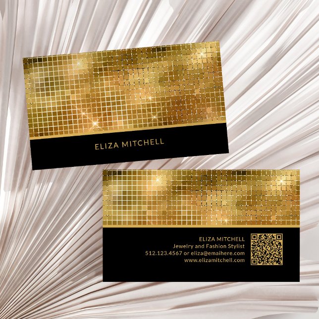 Retro Guld Disco Boll Spegel | QR-kod Visitkort (A glam, retro and disco-ball inspired black and gold business card, with scannable QR code)