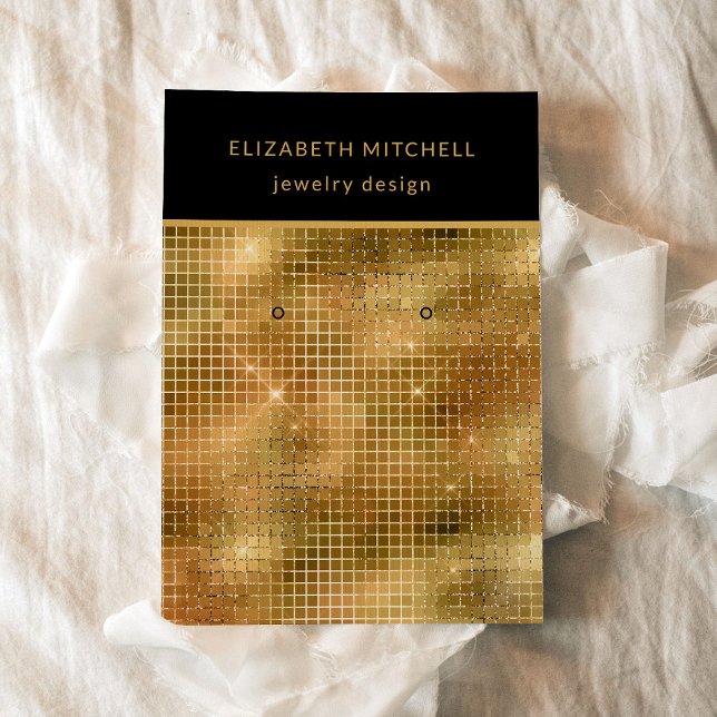 Retro Guld Disco Glam | Kort för Visning (A glam, disco inspired earring display card in black and gold.)