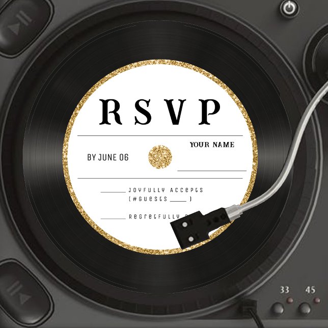 Retro Guld Glitter Vinyl Record Bröllop OSA Card (Retro Gold Glitter Vinyl Record Wedding RSVP Card
)