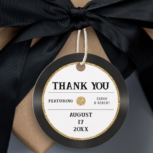 Retro Guld Glitter Vinyl Record Tack Bröllop Gåvor Etiketter (Retro Gold Glitter Vinyl Record Thank You Wedding Favor Tags
)