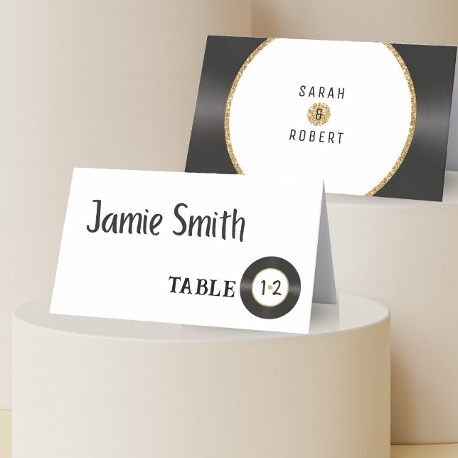 Retro Guld Glitter vinylpost Bröllop-platskort Placeringskort (Retro Gold Glitter Vinyl Record Wedding Place Card
)