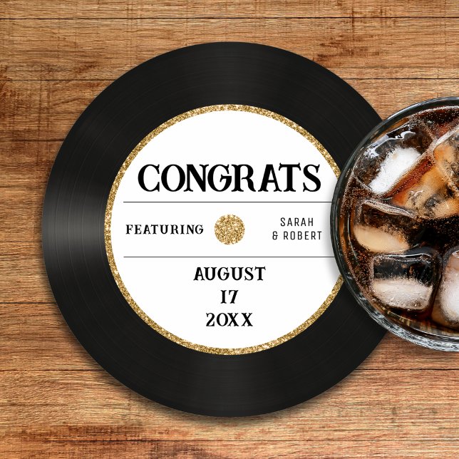 Retro Guld Glitter vinylpost Gratulerarare Bröllop Underlägg Papper Rund (Retro Gold Glitter Vinyl Record Congrats Wedding Round Paper Coaster
)
