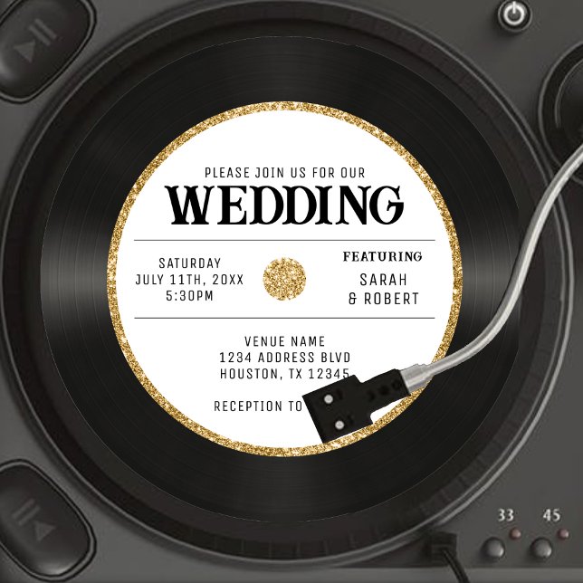 Retro guld glitter vinylskiva bröllop inbjudningar (Retro Gold Glitter Vinyl Record Wedding Invitation)