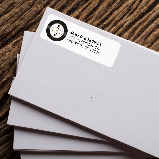 Retro Guld Glitter Vinylskiva Monogram Bröllop Returadress Etikett (Retro Gold Glitter Vinyl Record Monogram Wedding Label
)