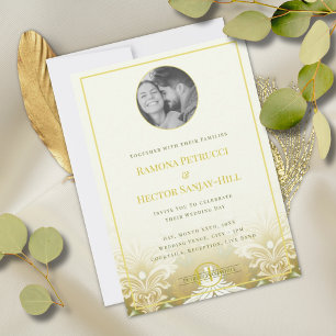 Retro Guld Grönt Damask 1 Photo Bröllop Inbjudningar
