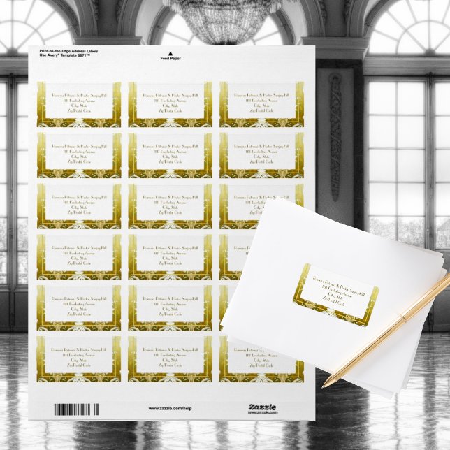 Retro Guld Grönt Damask Wedding Adressetikett (Skapare uppladdad)