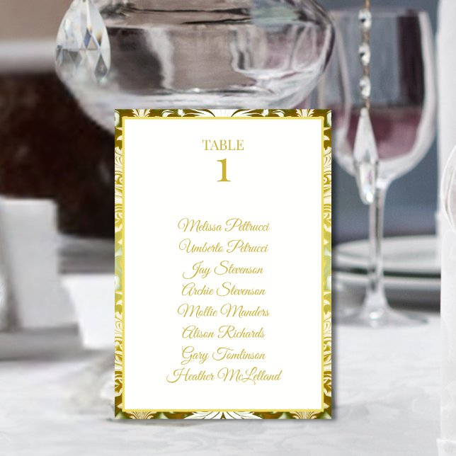 Retro Guld Grönt Damask Wedding Bordsnummer (Skapare uppladdad)
