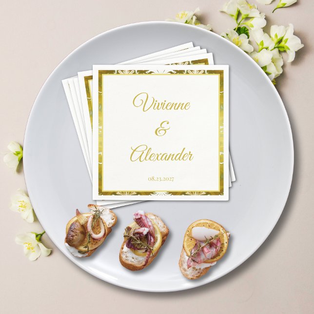 Retro Guld Grönt Damask Wedding Cocktail Pappersservett (Skapare uppladdad)