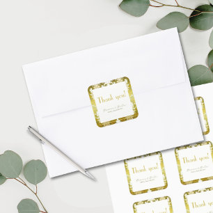 Retro Guld Grönt Damask Wedding Fyrkantigt Klistermärke