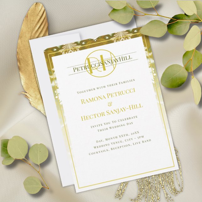 Retro Guld Grönt Damask Wedding Inbjudningar (Skapare uppladdad)