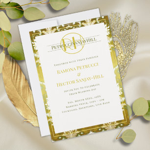 Retro Guld Grönt Damask Wedding Inbjudningar