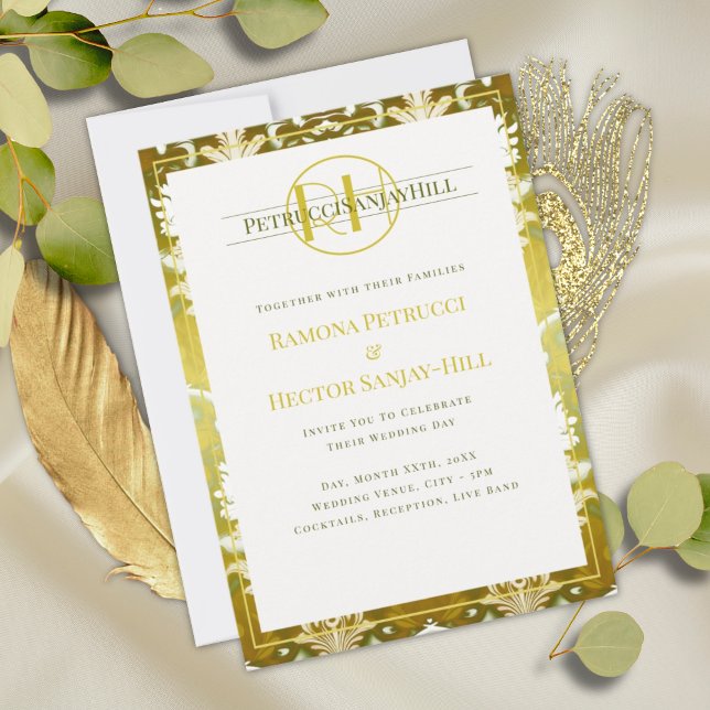 Retro Guld Grönt Damask Wedding Inbjudningar (Skapare uppladdad)