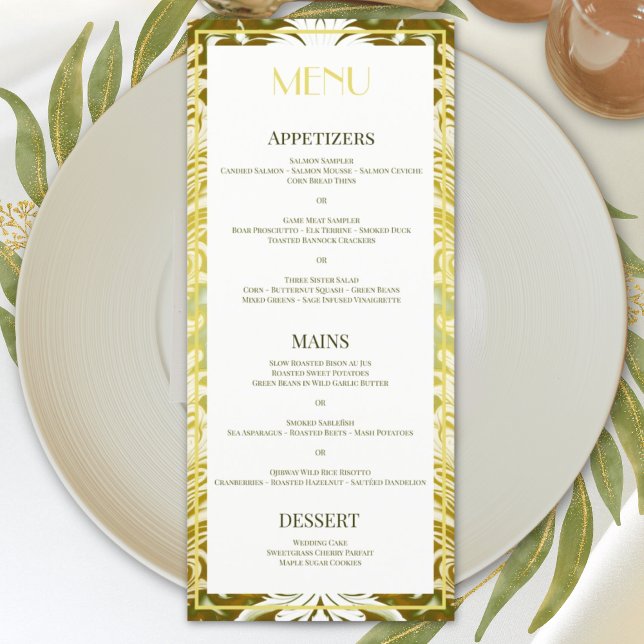 Retro Guld Grönt Damask Wedding Meny (Skapare uppladdad)