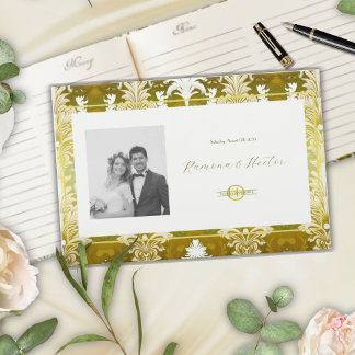 Retro Guld Grönt Damask Wedding Photo Monogram Gästböcker