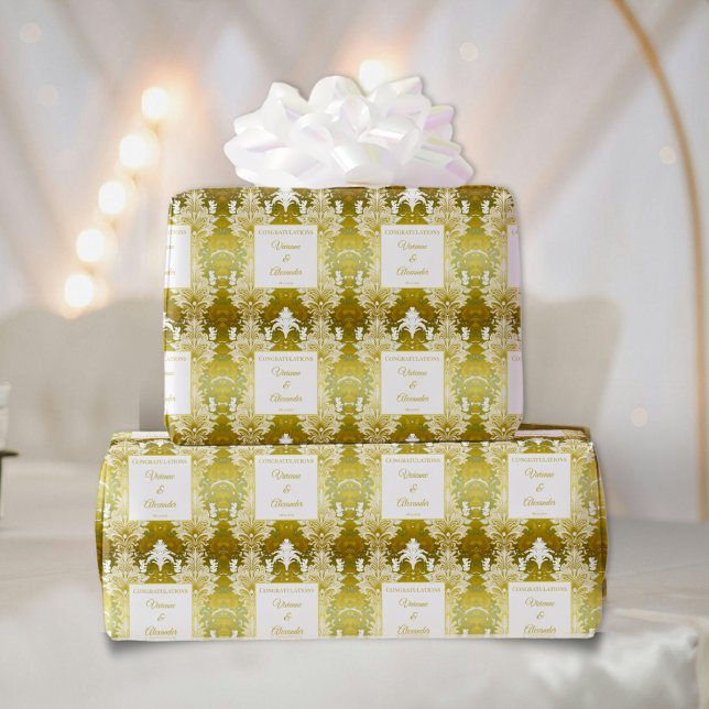 Retro Guld Grönt Damask Wedding Presentpapper (Skapare uppladdad)