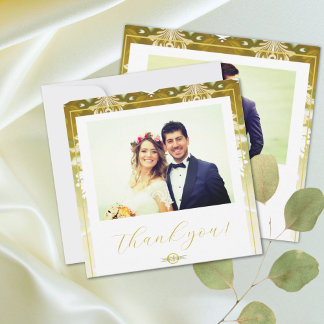 Retro Guld Grönt Damask Wedding Tack Kort
